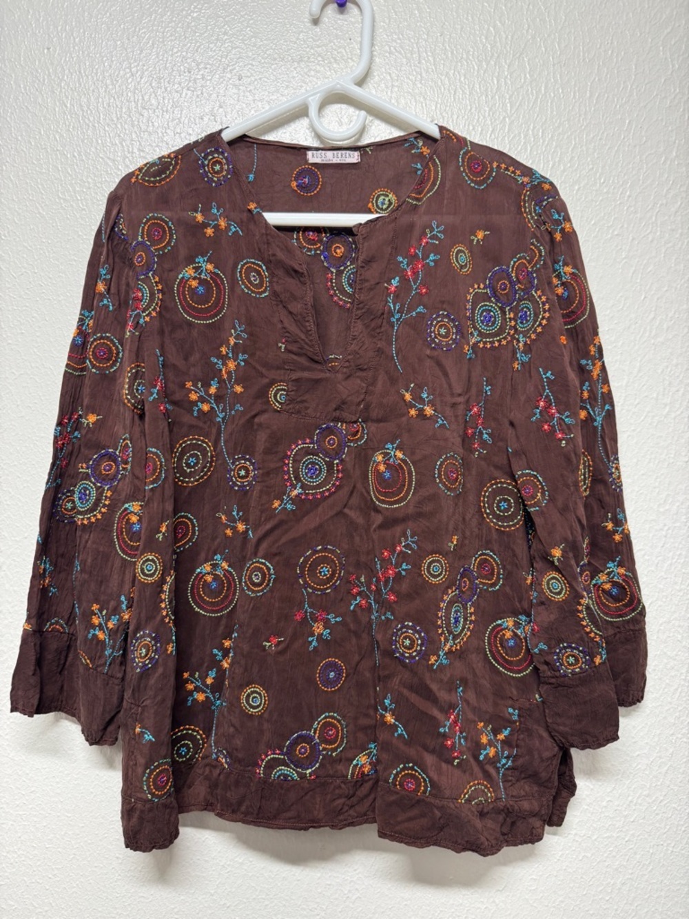 Russ Berens Embroidered Brown pullover Blouse -